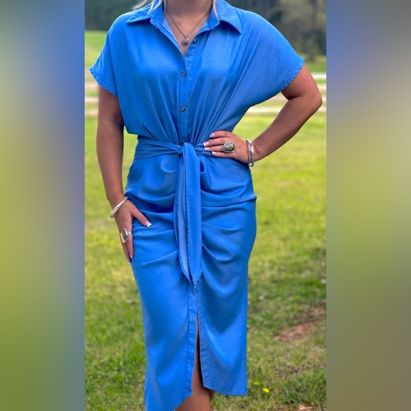 Blue Tie Button Down Tie Dress - Picture 1 of 2
